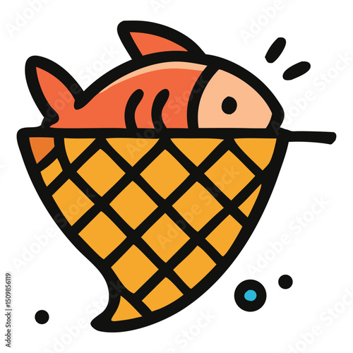 A simple flat icon featuring a fish on a hook, representing the concept of sustainable fishing and responsible seafood practices. Ideal for themes of marine conservation and environmental awareness.