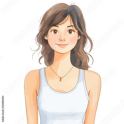 Smiling woman with wavy brown hair and a delicate gold necklace