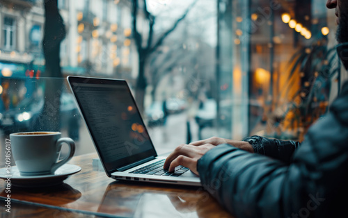  Person typing on laptop inside cozy cafe. Remote work concept. 