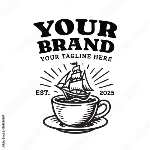 Unique vintage logo featuring a sailing ship inside a coffee cup with sunburst lines. Ideal for café branding, coffee shops, nautical businesses, or creative lifestyle merchandise.
