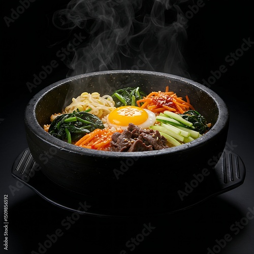 dolsot bibimbap (stone pot rice) with crispy rice, vegetables, beef, and gochujang, served in a black stone pot against a black background.