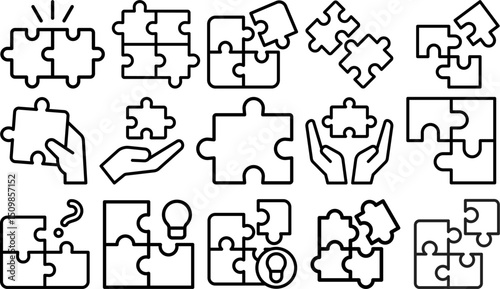 Vector set of puzzle piece icons symbolizing problem solving, teamwork, idea generation, and strategy for business solutions, collaboration, and creative thinking concepts.