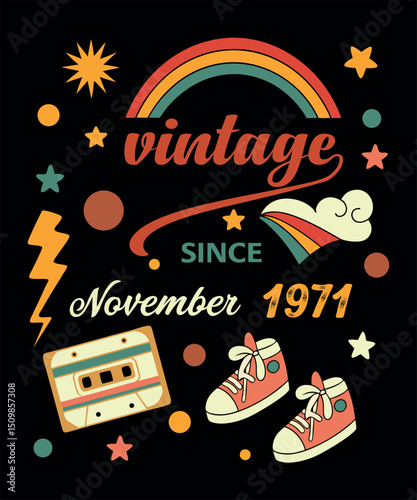 Retro Vintage November 1995 Birthday Design with Rainbow and Cassette Tape