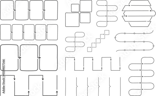 Set of minimal vector flowchart and process diagram templates with arrows and connected boxes for business planning, workflow design, and information visualization.

