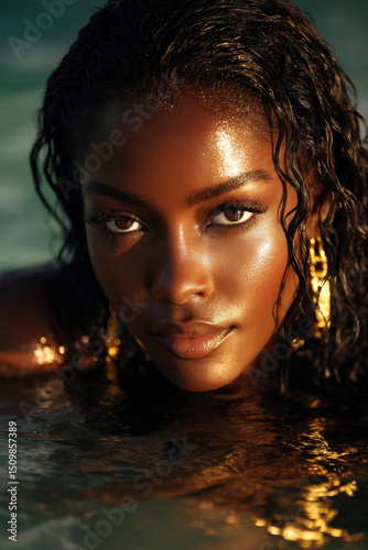 Close up portrait of woman with wet dark skin and hair, glowing warm light while partially submerged water, showing calm