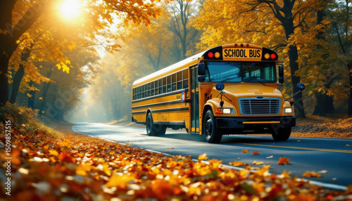 A bright yellow school bus travels along a road surrounded by colorful fall foliage. The sun sets in the background, casting a warm glow on the scene