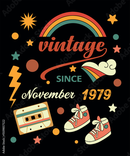 Retro Vintage November 1995 Birthday Design with Rainbow and Cassette Tape