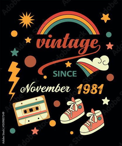 Retro Vintage November 1995 Birthday Design with Rainbow and Cassette Tape
