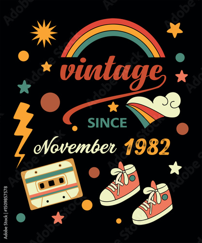 Retro Vintage November 1995 Birthday Design with Rainbow and Cassette Tape