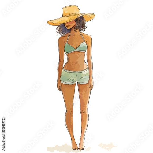 Stylish woman in a widebrimmed hat and bikini standing confidently