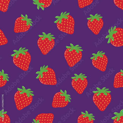Seamless Hand Drawn Red Strawberries Pattern Design Purple Background