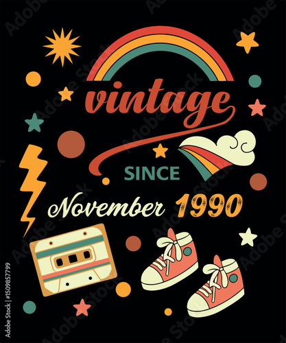 Retro Vintage November 1995 Birthday Design with Rainbow and Cassette Tape