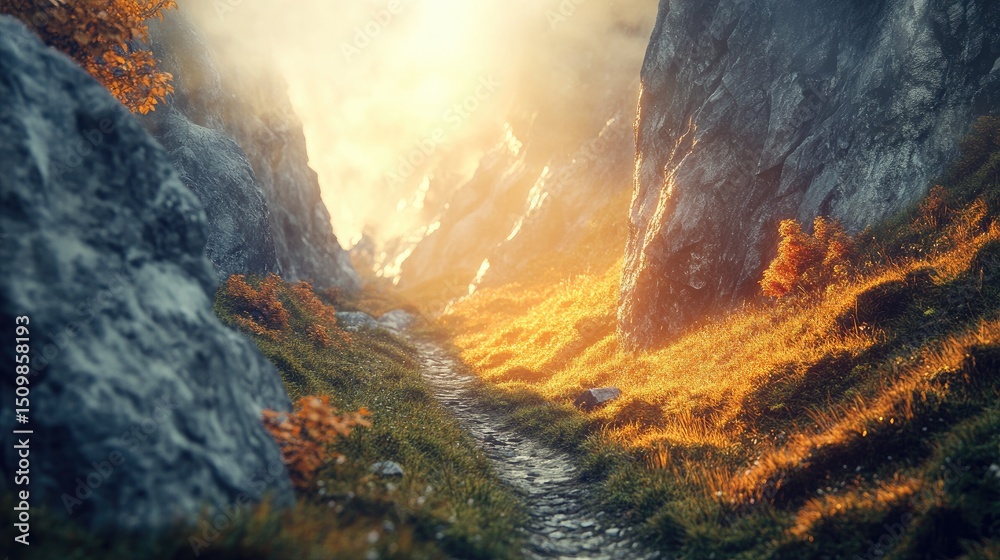 Naklejka premium A sunlit mountain path through rocky terrain.