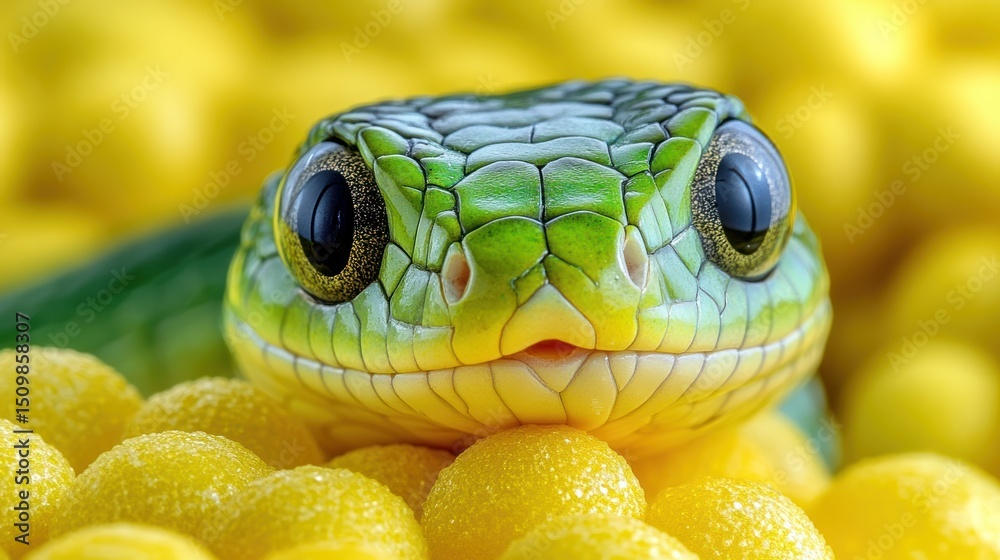 Fototapeta premium Close-up of a vibrant green snake's head amidst yellow spheres.