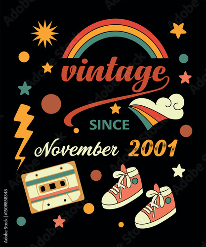 Retro Vintage November 1995 Birthday Design with Rainbow and Cassette Tape