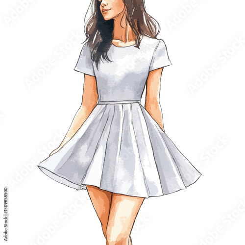 Stylish Woman in White Dress Artistic Illustration with Soft Shadows