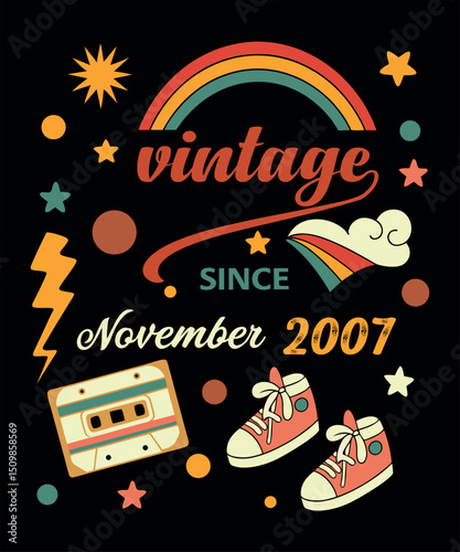 Retro Vintage November 1995 Birthday Design with Rainbow and Cassette Tape