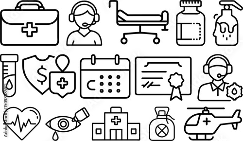 Medical and Healthcare Vector Icons Set Featuring Equipment, Professionals, and Services for Digital and Print Use
