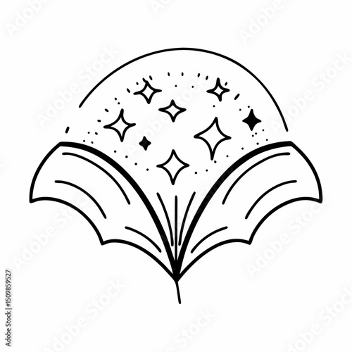 Open magic book vector illustration with nature elements and symbols