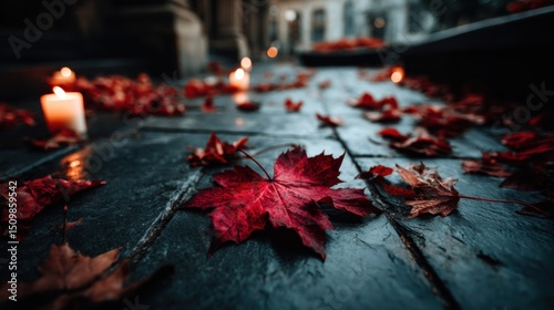 Fallen red and brown leaves on the dark stone surface