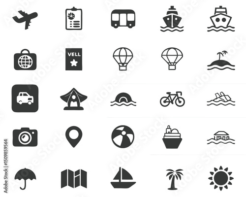 Travel and tourism icons set vacation planning adventure journey transportation and destination symbols
