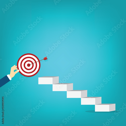Goal, motivation to success. Climb up stairs to reach goal target on the top.