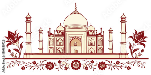 Taj mahal illustration, vector asian travel ornament design
