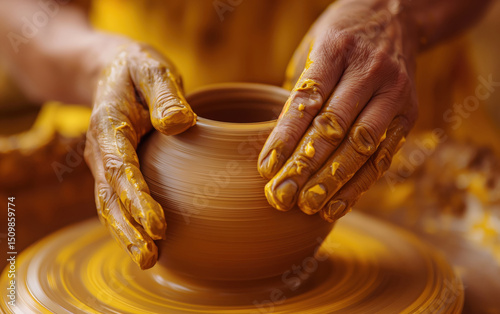 Hands smoothing clay pot on pottery wheel. Creative craftsmanship concept.  
