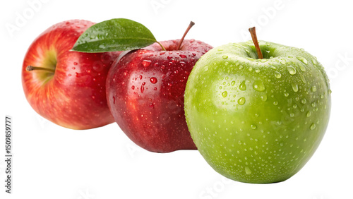 Three Fresh Apples Red and Green Covered with Water Droplets on a Black Background Showing Healthy Eating and Refreshing Fruit