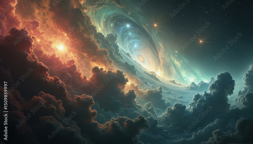 Obraz premium Bright swirls of orange, blue, and green intermingle in a vast expanse filled with stars. A spiraling galaxy glimmers amid clouds of cosmic dust in the night skies
