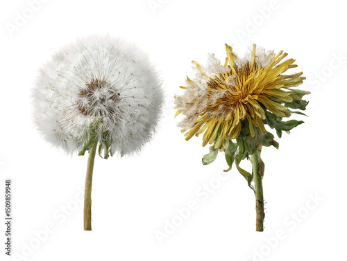 White and Yellow Dandelion Flowers on Transparent Background, PNG