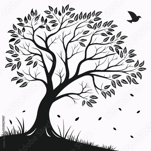Elegant Black and White Tree Silhouette with Leaves and Bird