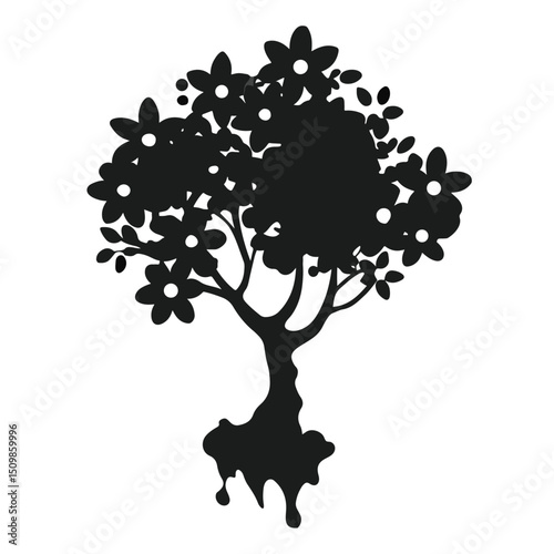 Elegant Black and White Tree Silhouette with Leaves and Bird