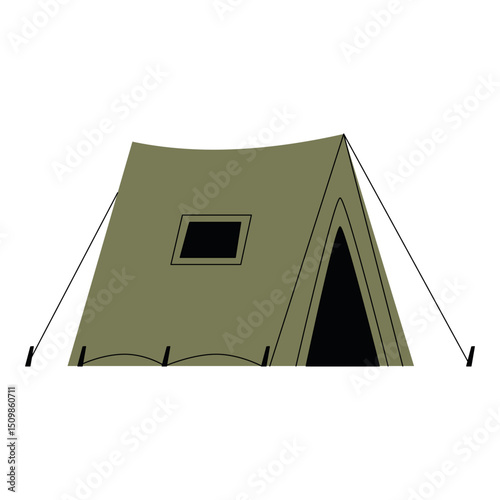 Flat illustration of a classic military style A frame tent with ropes and stakes. Features a window and entrance, representing camping, field shelter, or outdoor survival setup. Vector illustration