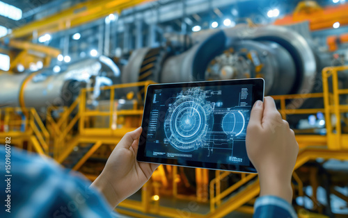  Industrial worker reviewing turbine design on tablet. Smart factory concept.  
