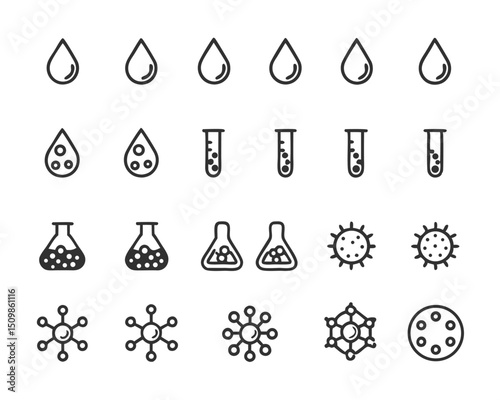 Science lab equipment icons vector set: drops, test tubes, flasks, molecules, virus, chemistry research
