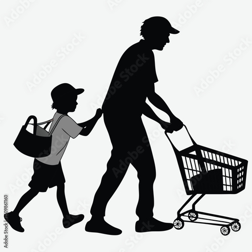 Father and child grocery shopping  image vector art and illustration	