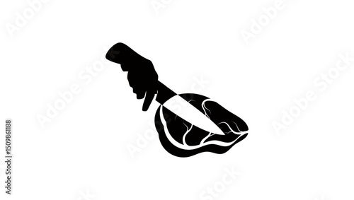 butcher cutting meat, black isolated silhouette
