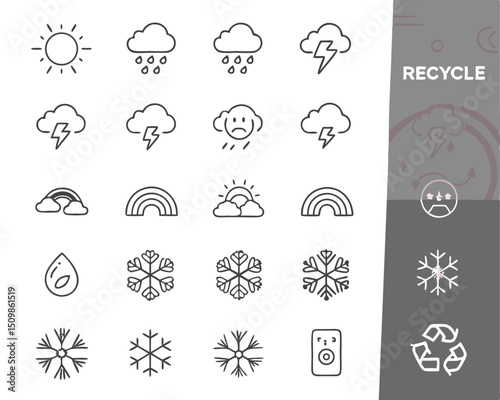 Weather forecast icons set vector illustration sun cloud rain rainbow snowflake recycle climate change