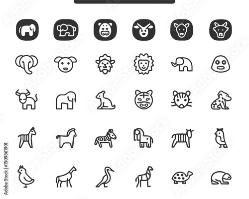 Animal icons set vector illustration of wild and domestic animals outline style drawing for web design