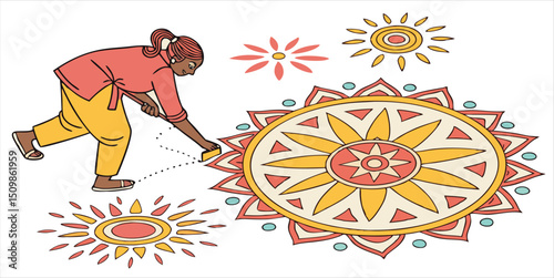 Woman drawing mandala illustration, ethnic ornament design
