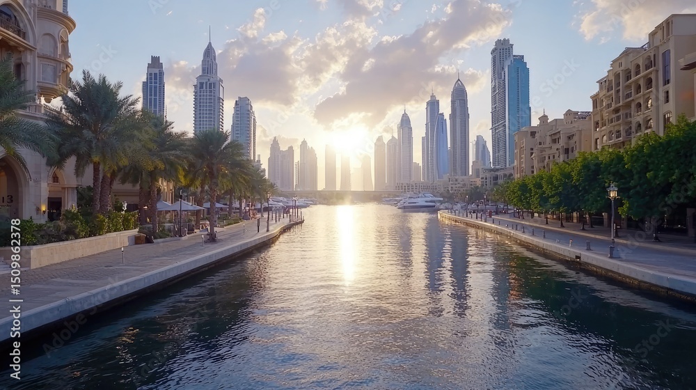 Fototapeta premium Serene Sunset Over Modern Skyline with Calm Water and Palm Trees