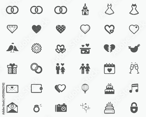 Wedding icons vector set marriage love celebration rings heart dress church calendar cake photography 100 chars