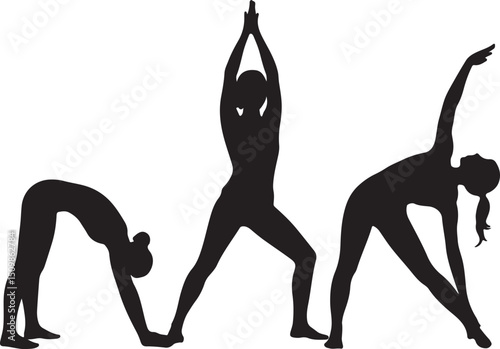 Silhouettes of Three Women Practicing Yoga Poses on Transparent Background, Fitness