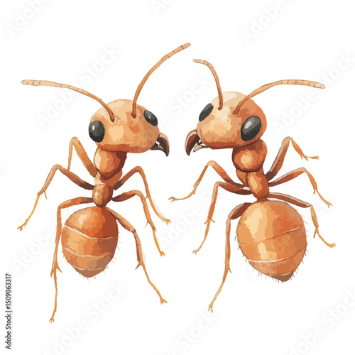 Two Detailed Watercolor Ants Facing Each Other