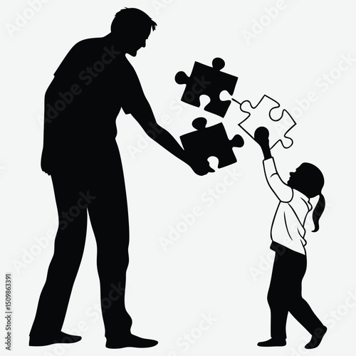 Father and child holding puzzle pieces that fit together  image vector art and illustration	