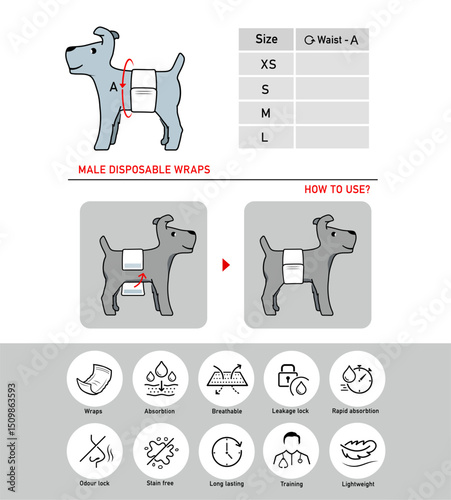 Icons set for instruction of using dogs male disposable wraps. Vector elements for infographics. Set of sign for detailed guideline. Ready for your design. EPS10.