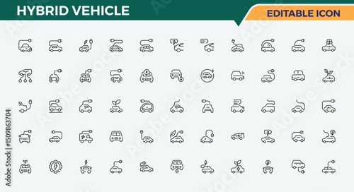 Set of Hybrid Vehicle line icon. Included auto, charge, charging, car, eco, electric, vehicle and more. Thin line icons set. Charge icon set. Editable stroke. Vector illustration.