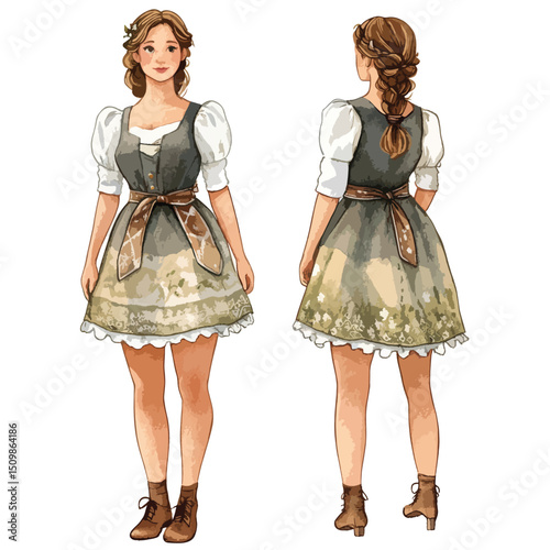 Two Women in Traditional Bavarian Dirndl Dresses Detailed Illustration