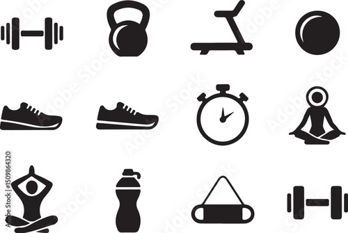Fitness Equipment Icons Collection Dumbbell, Kettlebell, Stopwatch on Transparent Background